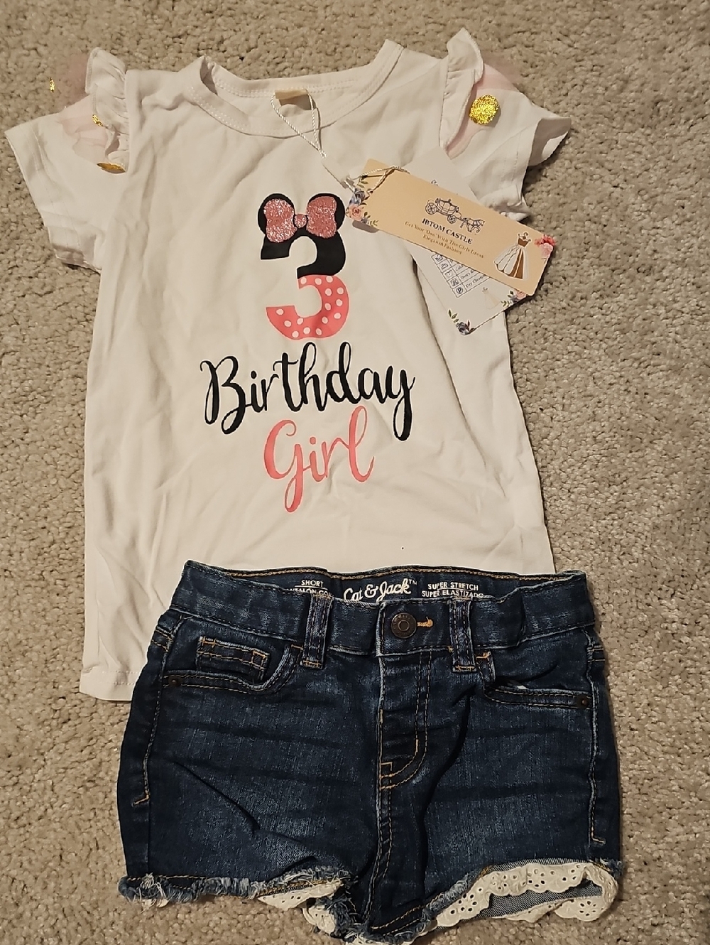 White "3 Birthday Girl" Tee & Dark Denim Shorts Set